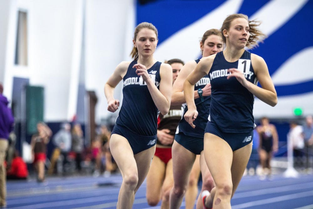 <span class="photocreditinline">MICHAEL BORENSTEIN/THE MIDDLEBURY CAMPUS</span><br />Abigail Nadler ’19, Rory Kelly ’19 and Tasha Greene ’21 compete in the one-mile run.