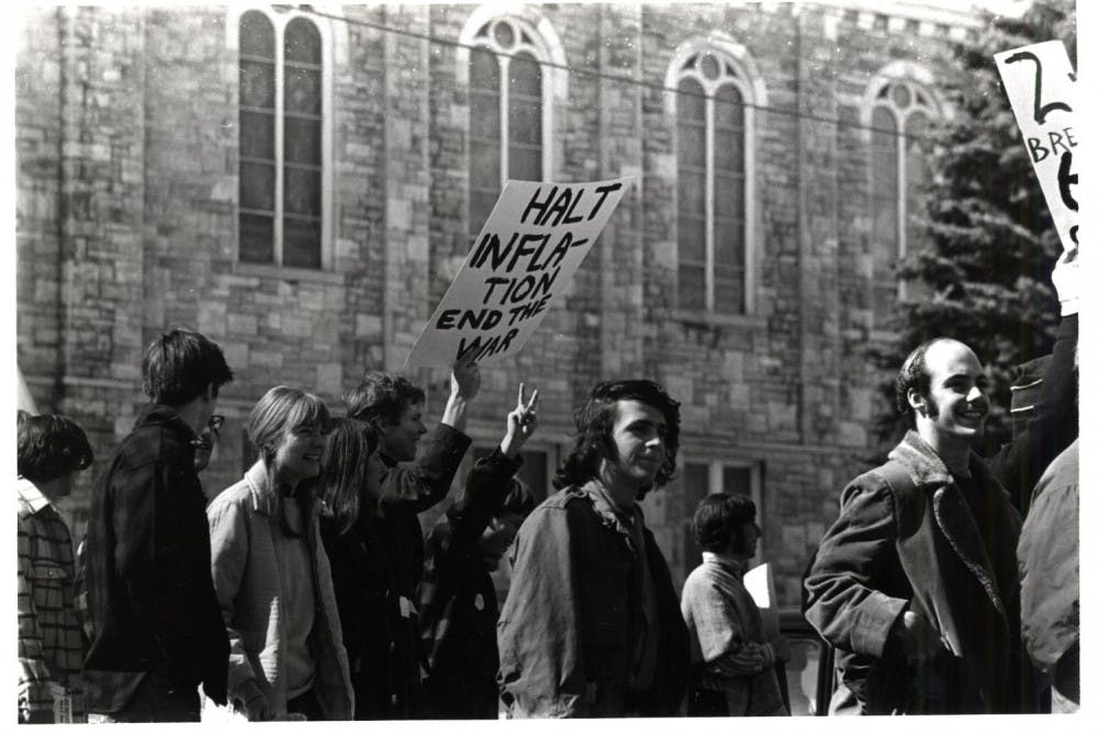 <span class="photocreditinline">COURTESY OF SPECIAL COLLECTIONS</span><br />Recitation Hall at Middlebury College after arson fire set by a student during the May 1970 strike.