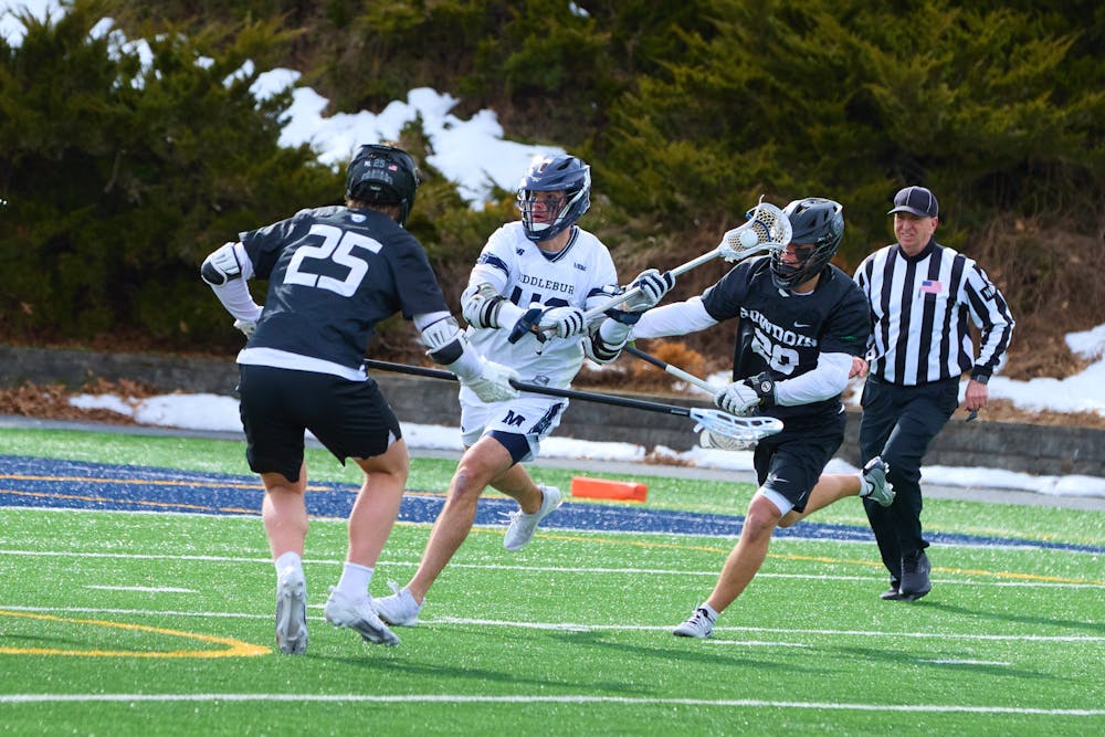 Cooper DeMallie ’28 scored a goal in the second quarter against Bowdoin.