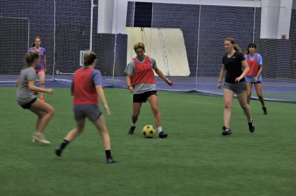 The club soccer team practices in Virtue Field House.