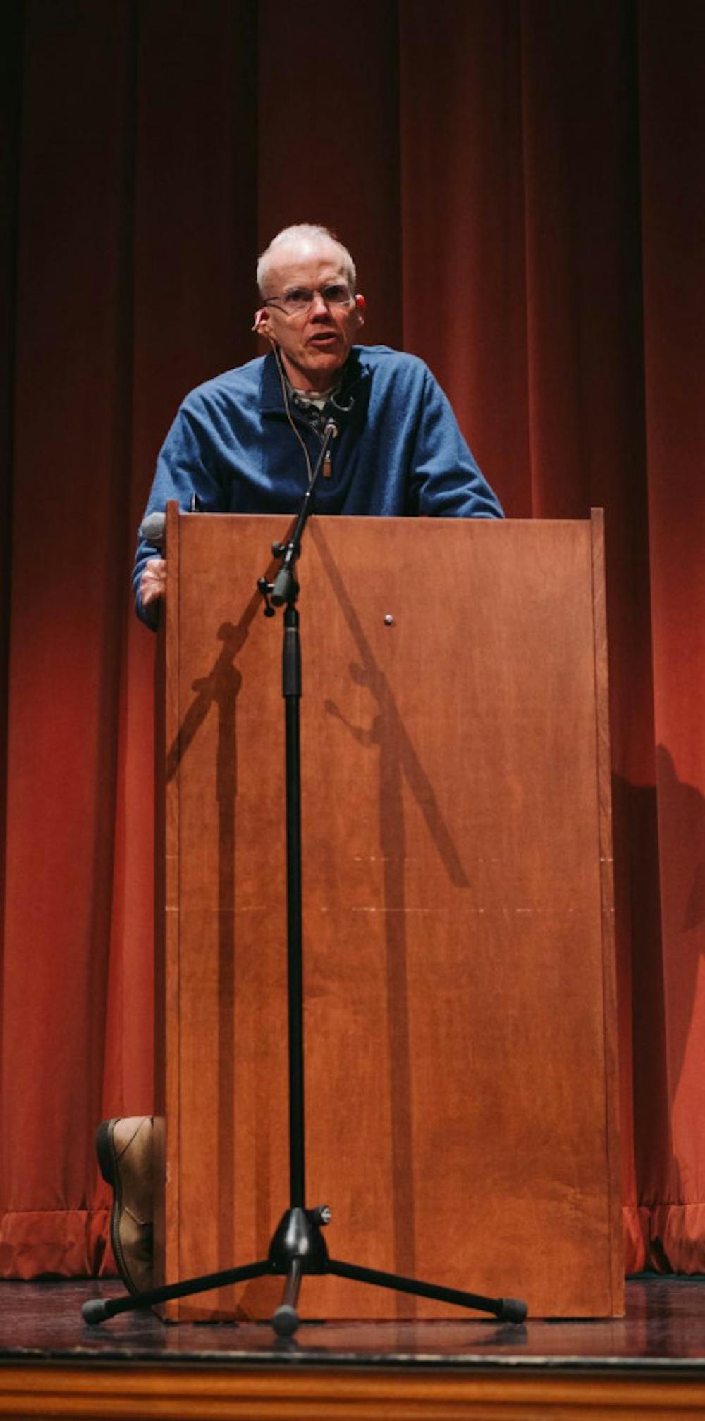 <span class="photocreditinline"><a href="https://middleburycampus.com/staff_profile/shirley-mao/">SHIRLEY MAO</a></span><br />Bill McKibben, scholar-in-residence at Middlebury, introduced his longtime friend Naomi Klein at the Scott A. Margolin ’99 lecture last Thursday. He was arrested last month in Washington D.C. while protesting Chase Bank’s relationship with fossil fuels.