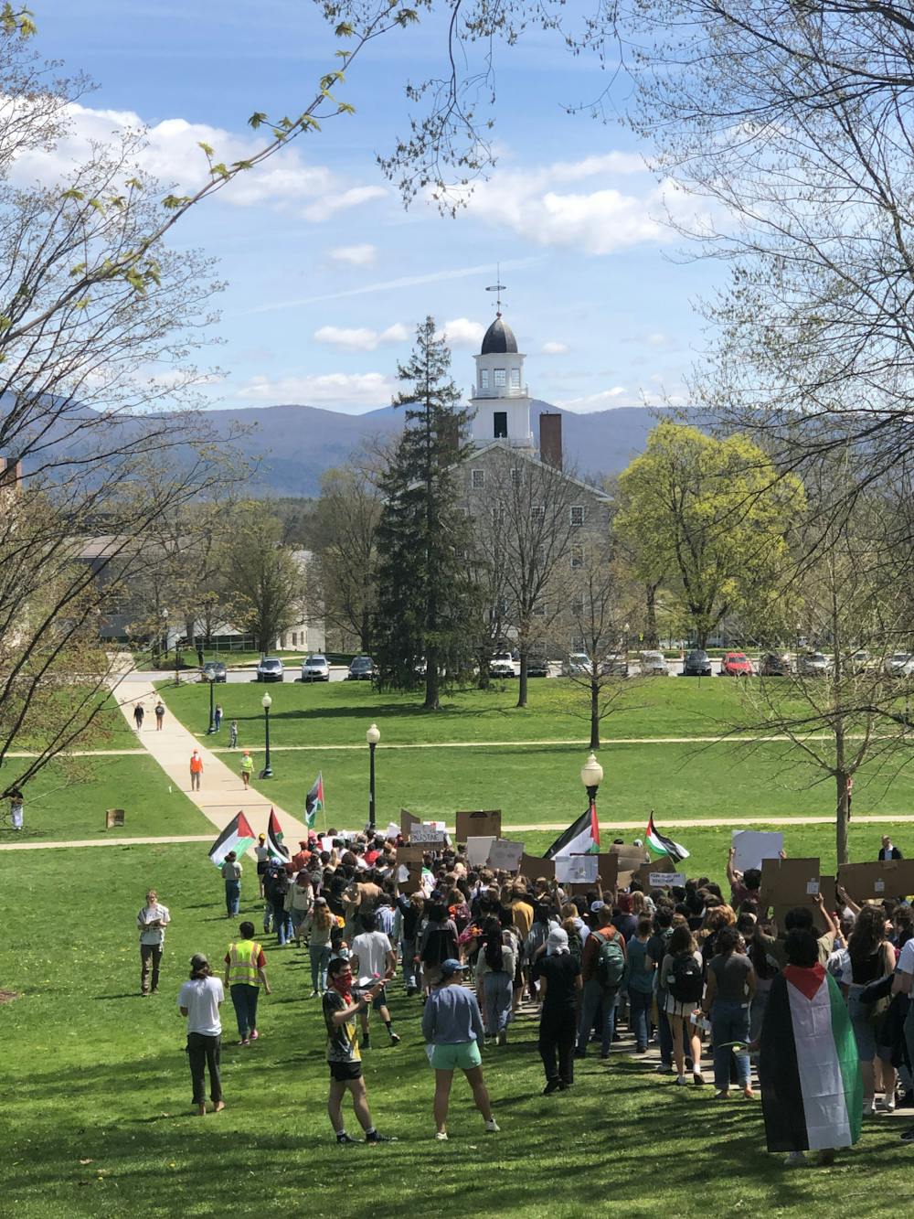 Student protestors from the Gaza Solidarity encampment marched to Old Chapel on May 3, 2024 to demand the college divest from war profiteering.