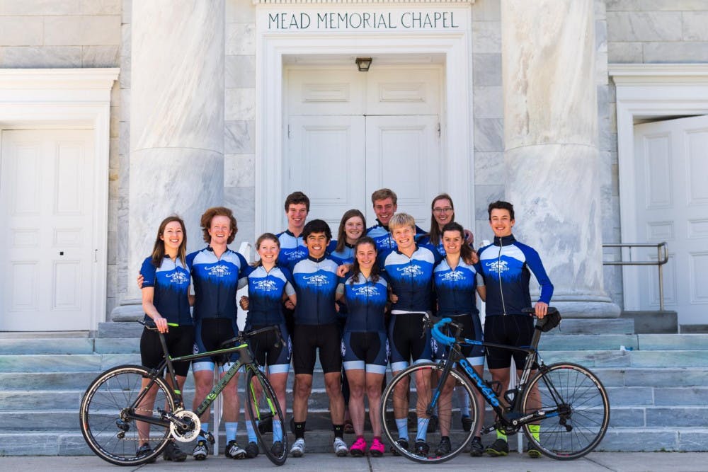 <span class="photocreditinline">Courtesy Photo/Will Greene</span><br />The Middlebury Cycling Club in front of Mead Chapel in May 2018.
