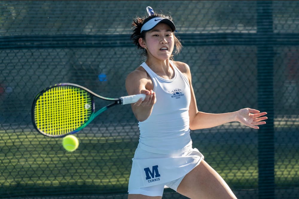 Lulu Wu ’26 earned her 60th doubles win in the #2 slot against Trinity.