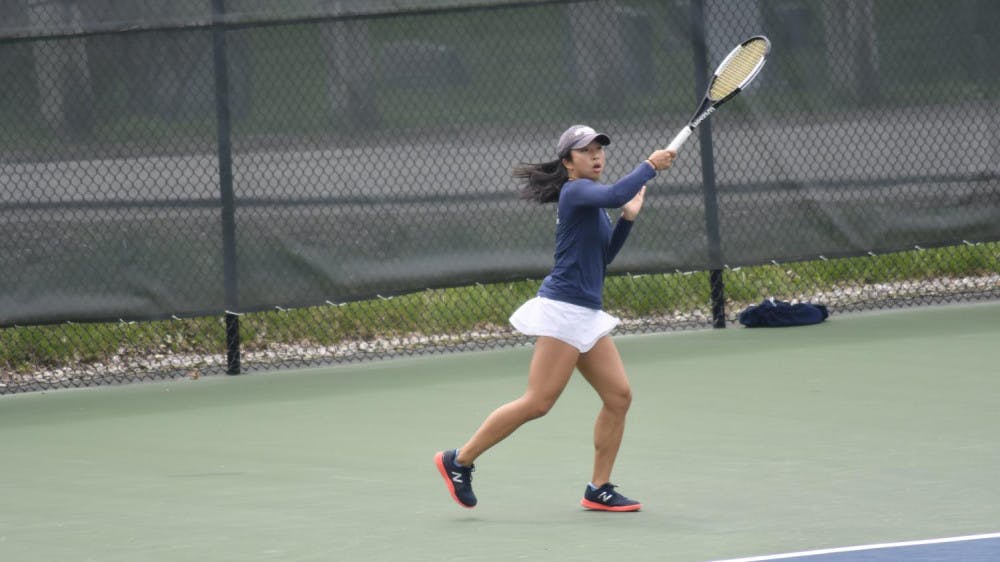 <span class="photocreditinline"><a href="https://middleburycampus.com/43248/uncategorized/max-padilla/">MAX PADILLA</a></span><br />Emily Bian ’21 has gone 11-10 in singles for the 2018-19 season.