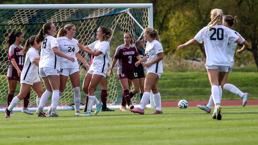 The women’s soccer team celebrates a goal in their win against Union College earlier last week.