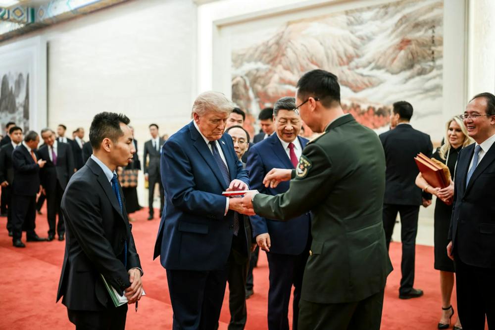 Sonny Mai MIIS ’11 (left), alumnus of the Chinese M.A. in Conference Interpretation at MIIS, during President Trump’s visit to China in Mid-May.