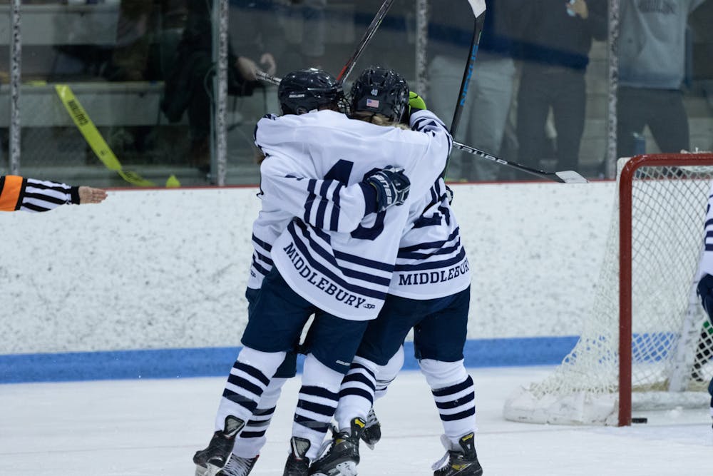 The Panthers celebrate a goal by Kylie Quinlan ’25, who scored three goals in the team’s 4–0 win over Endicott last Saturday. COURTESY OF COLIN BOURQUE