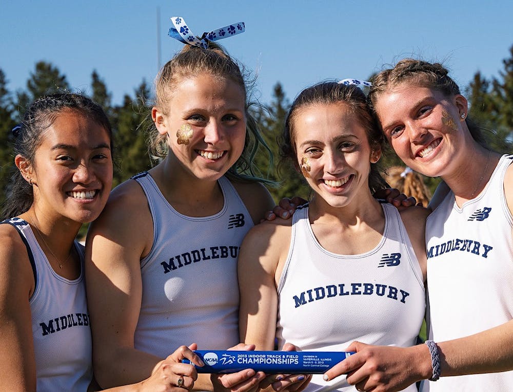 From left to right: Winnie Wang ’24, Emily Bulczynski ’22, Cassie Kearney ’22, and Audrey Grimes ’23 pose after winning the 4x800-meter relay at the NESCAC Championship meet on April 30. (Courtesy of Cassie Kearney)