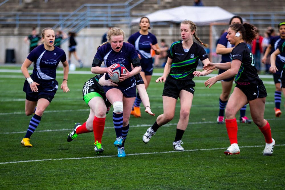 <span class="photocreditinline"><a href="https://middleburycampus.com/39670/uncategorized/michael-borenstein/">MICHAEL BORENSTEIN</a></span><br />Sam Valone ’20.5 competes in the Middlebury 7’s tournament on April 14.