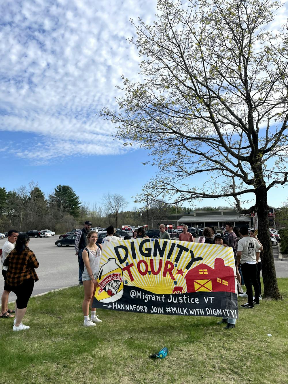 Demonstrators gathered at the Hannaford supermarket in Middlebury for a protest asking the chain to sign on to Migrant Justice’s “Milk with Dignity” campaign.