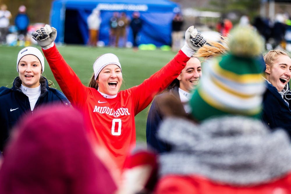 <span class="photocreditinline"><a href="https://middleburycampus.com/39670/uncategorized/michael-borenstein/">MICHAEL BORENSTEIN</a></span><br />Goalie Ursula Alwang '20 celebrates after the women's soccer team wins on the way to the NCAA Final Four.
