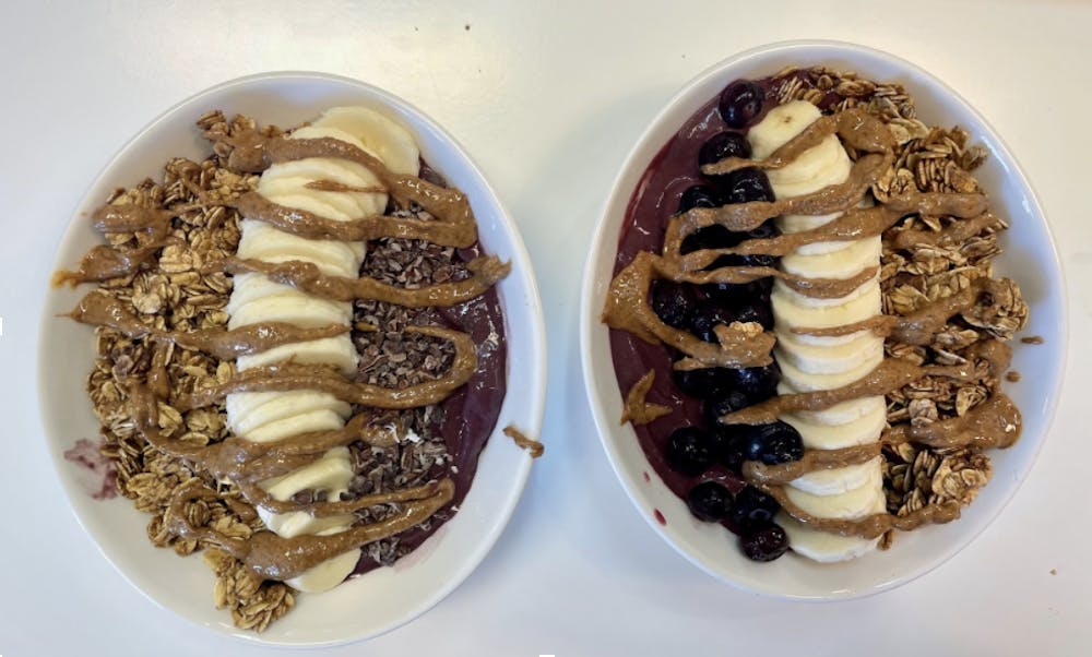 The “Acai Bowl” with granola, banana, blueberries, cacao nibs and almond butter. 