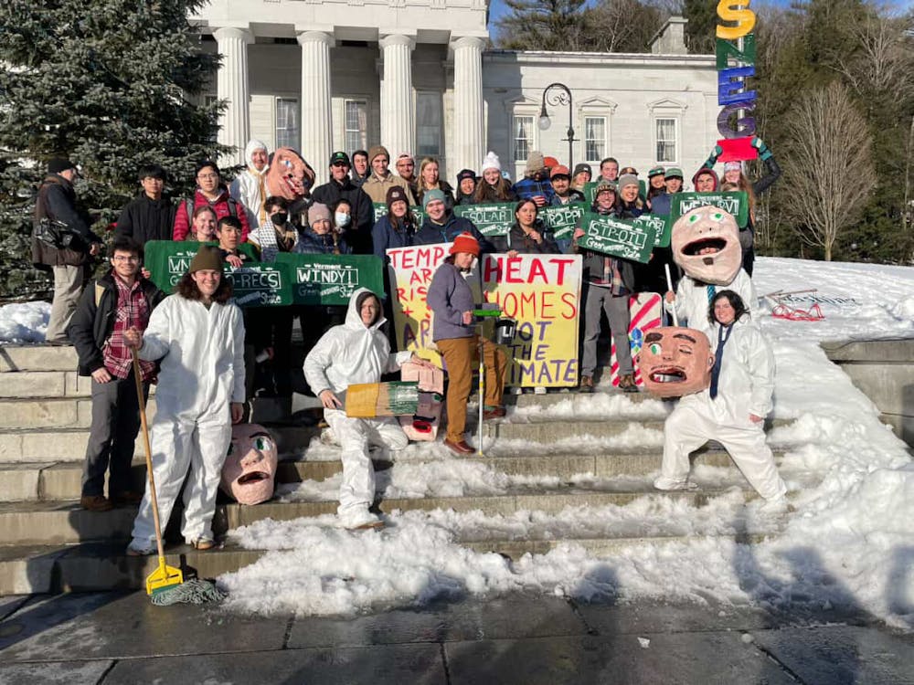 SNEG members gathered in Montpelier in January 2024 to protest the state's complicity in "greenwashing."