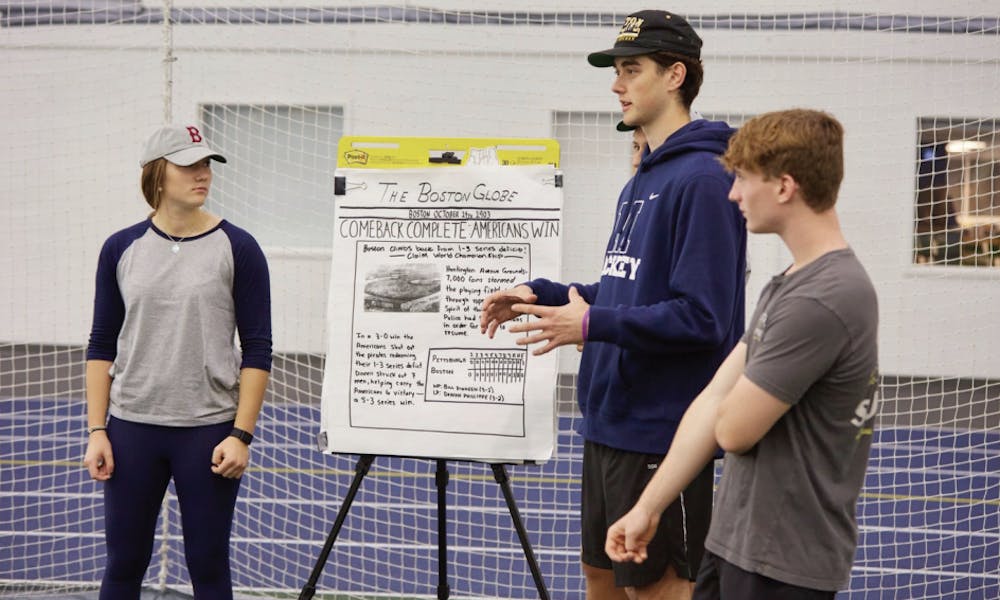 Last Fall, students in History Professor Elsa Mendoza’s Public Humanities Labs course titled “Baseball, Society and U.S.
History” (FYSE 1001) reenacted the First World Series (1903) at Virtue Field House. The lab was one of many that Prof.
Mendoza developed for the class.