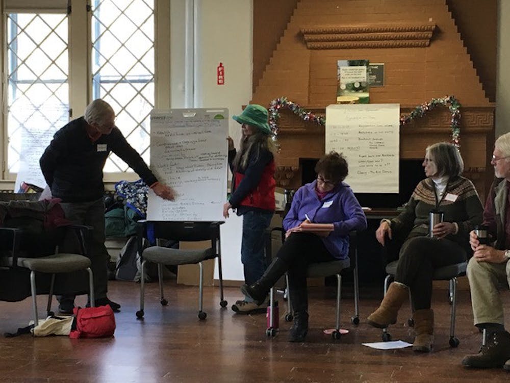 <span class="photocreditinline">Vision for Vermont</span><br />Participants in the First Vision for Vermont Summit last year collaborate on the Draft Vision Statement at Middlebury College’s Bread Loaf Campus.