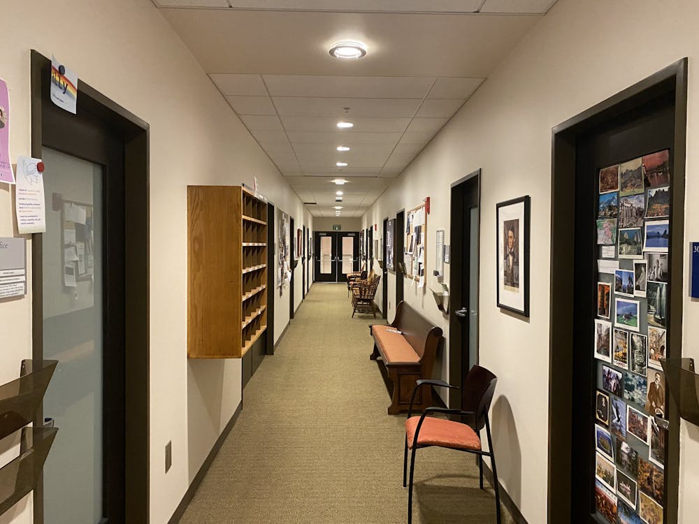 The hallway of the soon-to-be-renamed English and American Literatures Department in the Axinn Center for the Humanities.