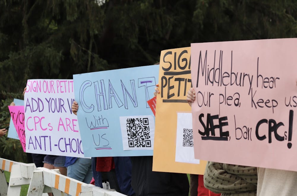 Student protesters gathered outside of Chellis House in an effort to ban Crisis Pregnancy Centers at Middlebury.