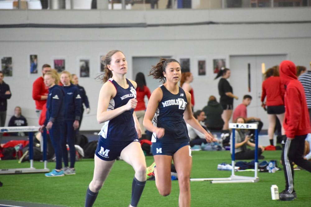 <span class="photocreditinline">BENJY RENTON</span><br />Lucy Lang ’19 (left) won the 600-meter run, while Ava O’Mara ’21 placed second.