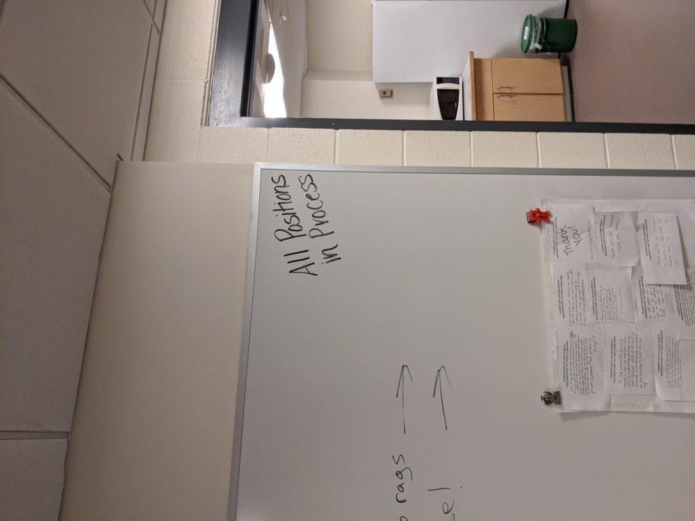 <span class="photocreditinline">COURTESY PHOTO</span><br />A whiteboard in the facilities building this March announced that most open positions were in the process of being filled, after months of vacancies. Many of those positions were filled before the hiring freeze went into effect.