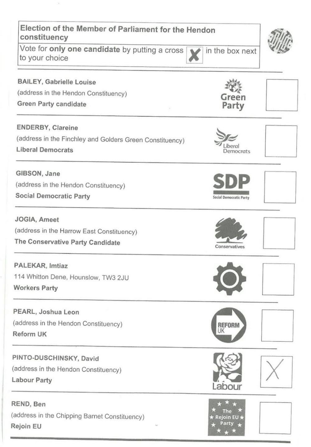 A ballot for the 2024 United Kingdom General Election that took place in July, in
which the Labour Party won a majority in Parliament.