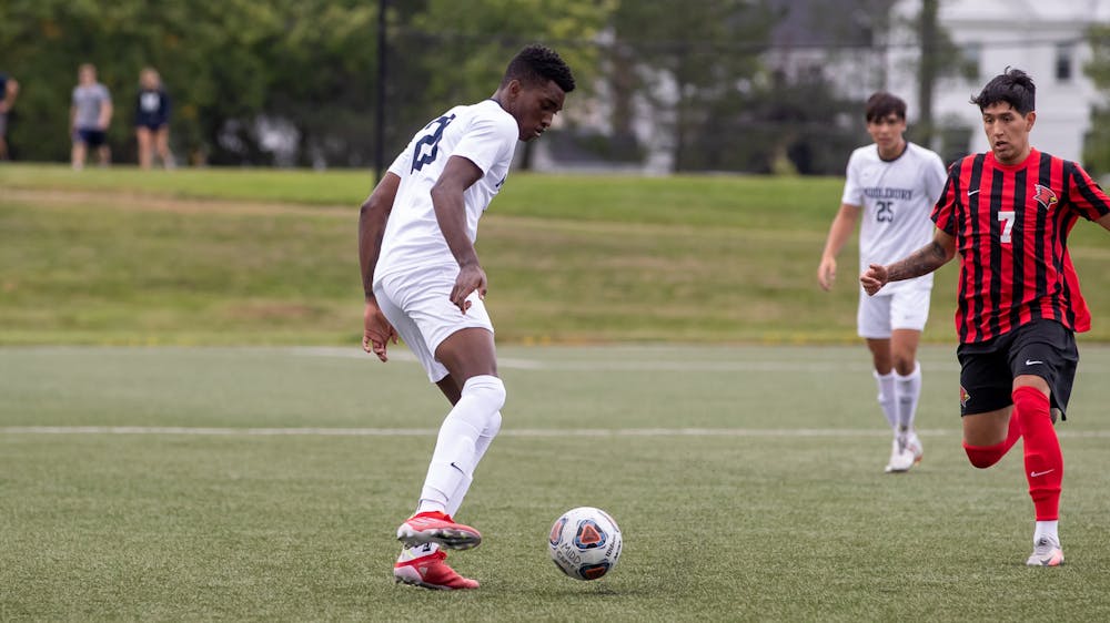 Jordan Saint-Louis ’24 (#23) has been pivotal to men’s soccer this season, leading the team with 19 points (7 goals, 5 assists). (Courtesy of Will Costello)