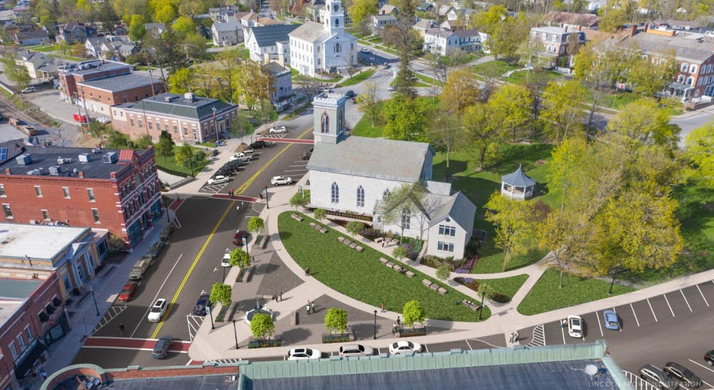 <span class="photocreditinline">COURTESY PHOTO</span><br />The extension of Triangle Park at the corner of Main St. and Merchant’s Row is one of many above-ground renovations that will accompany the new passenger rail system through downtown Middlebury.