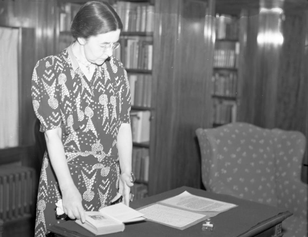 Viola White in Starr Library in the 1940s.