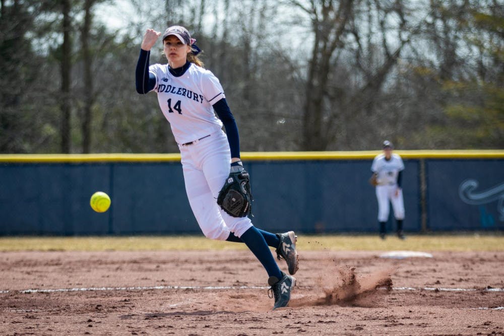 <span class="photocreditinline"><a href="https://middleburycampus.com/39670/uncategorized/michael-borenstein/">MICHAEL BORENSTEIN</a></span><br />Irene Margiotta ’19 has pitched 78 innings this year and has earned herself an 8-5 win-loss record.