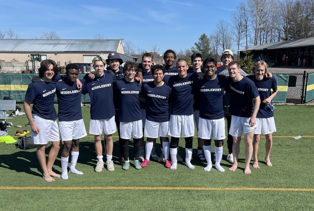 Middlebury Club Soccer’s B team poses after a jamboree in Potsdam, New York, on Saturday, April 2. (COURTESY OF RONI LEZAMA)