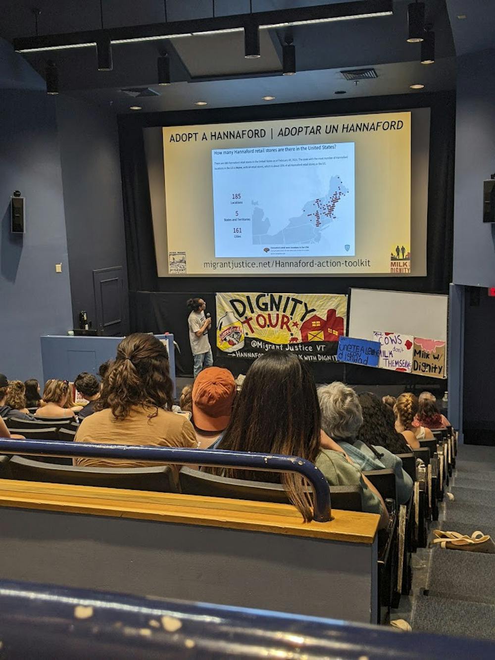 Students and community members attending and listening to Migrant Justice's Milk with Dignity presentation as part of their April Organizing Tour which Juntos hosted Friday, April 21, 2023 in Twilight Auditorium. 