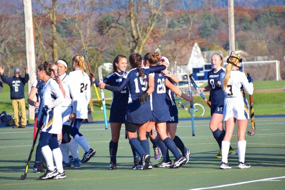 <span class="photocreditinline">BENJY RENTON/THE MIDDLEBURY CAMPUS</span><br />Field hockey is poised to secure an NCAA title for the second consecutive year. Here the team celebrates after its NCAA Regional Championship win on Sunday, Nov. 11.