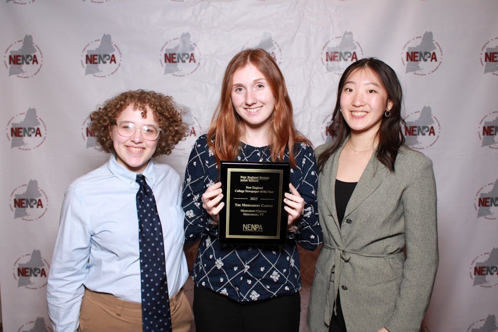 Madeleine Kaptein ’25.5, Ting Cui ’25.5 and Rachelle Talbert ’28 with the Addison Independent after receiving the 2025 New England College Newspaper of the Year award on behalf of The Middlebury Campus. The award plaque is now in The Campus office in Hepburn Hall.