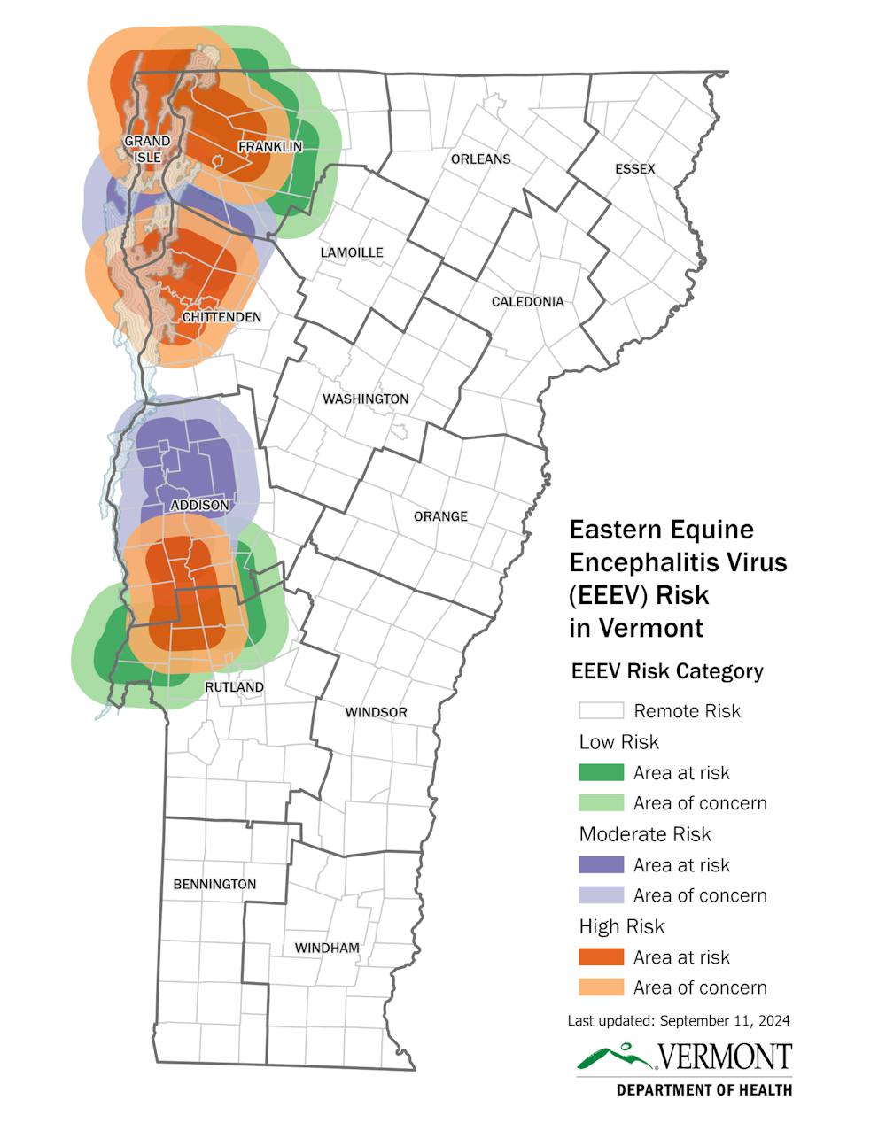 A heat map displaying areas of risk for Eastern Equine Encephalitis across the state of Vermont.