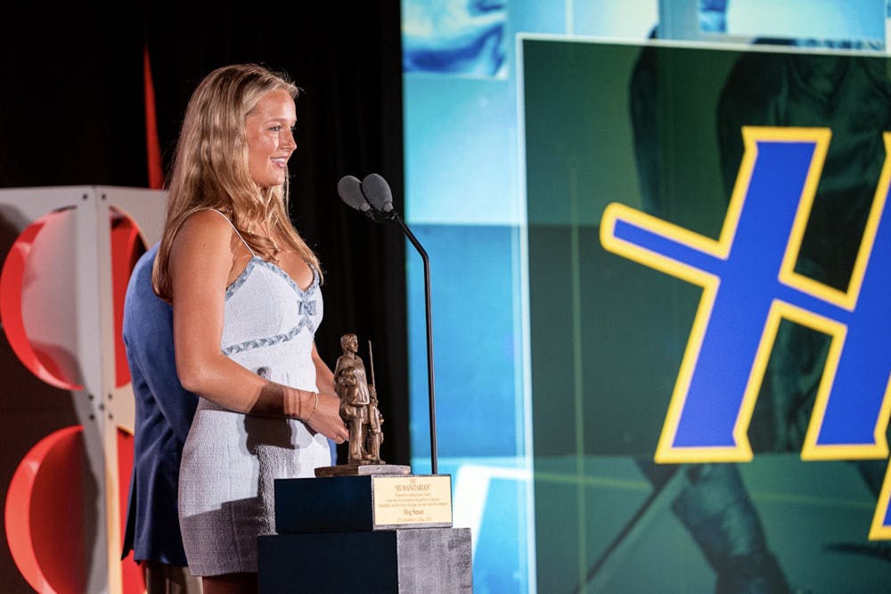 Meg Simon '26 delivers her speech at the NCAA men's hockey Frozen Four weekend. 