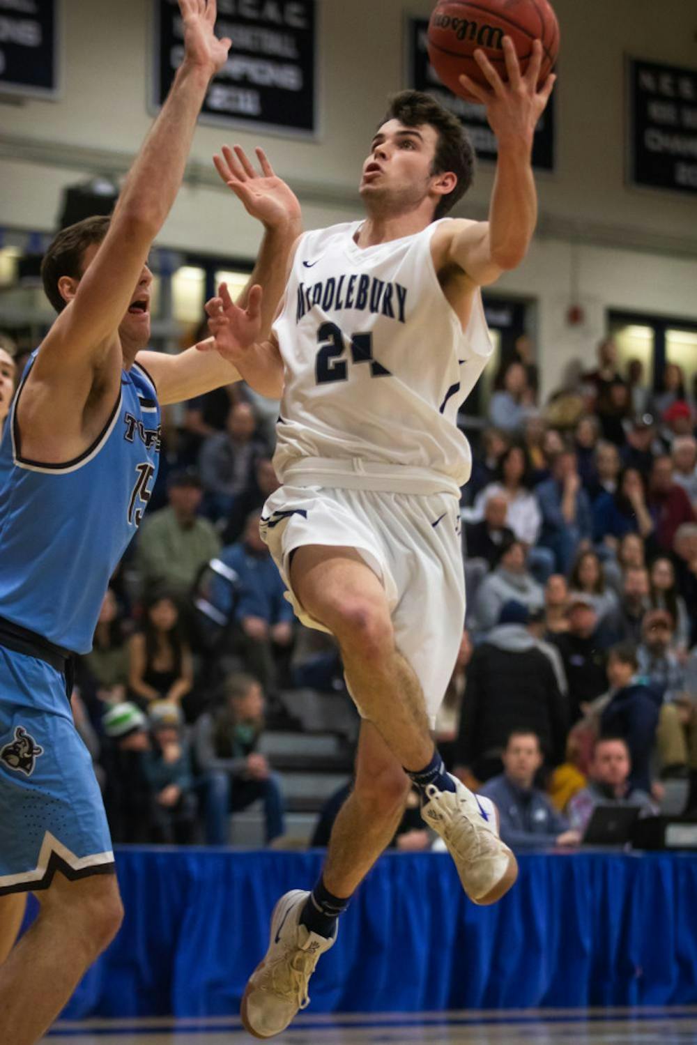<span class="photocreditinline"><a href="https://middleburycampus.com/39670/uncategorized/michael-borenstein/">MICHAEL BORENSTEIN</a></span><br />The Middlebury men’s basketball team received its 10th overall bid to the NCAA Tournament this past weekend. The Panthers (18-7) are scheduled for a first-round matchup against Nichols College (25-2) at 5:30 p.m on March 1. The tournament will be hosted by Rowan University in Glassboro, New Jersey.