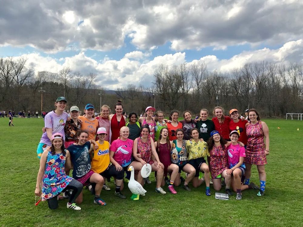 <span class="photocreditinline">Courtesy Photo</span><br />Members of the women’s frisbee team smile and pose at the 2018 Northeast Women’s DIII Regional Championship.
