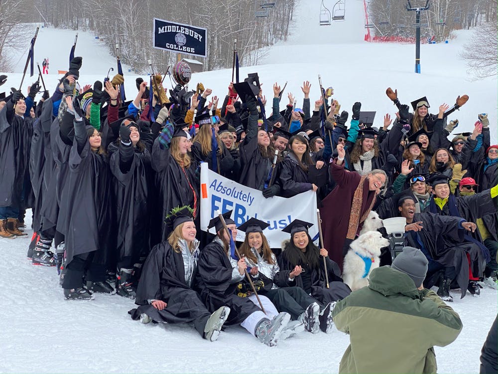Middlebury will hold the Feb graduation celebration ceremony followed by the ski-down procession for the class of 2021.5 class on Feb. 5. The ceremony will be the first traditional graduation ceremony for a Feb class since the 2019.5 class (pictured here) due to the pandemic. (Courtesy of Sarah Asch)