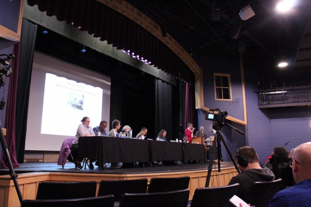 <span class="photocreditinline"><a href="https://middleburycampus.com/43472/uncategorized/hattie-lefavour/">Hattie LeFavour</a></span><br />The Selectboard on stage at the Town Meeting on March 5th.