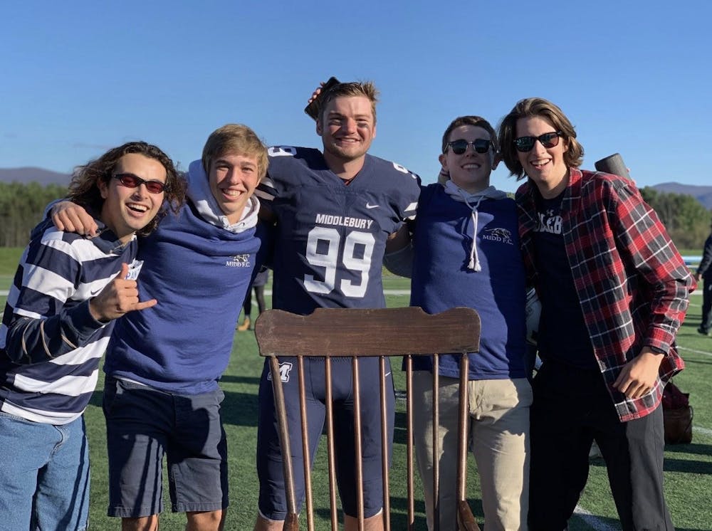 My best friends and I celebrate with kicker Carter Massengill ’20 after football won the 2019 NESCAC title. From left: Captain Rudolph ’23.5, Marco Fengler ’23.5, Carter, Blaise Siefer ’23.5, Eli DiBari’24