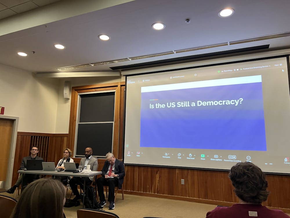 (left to right) Political Science faculty Erik Bleich, Sebnem Gumuscu, Ajay Verghese, and Murray Dry gathered as a panel to speak on the topic of American democracy last Wednesday.