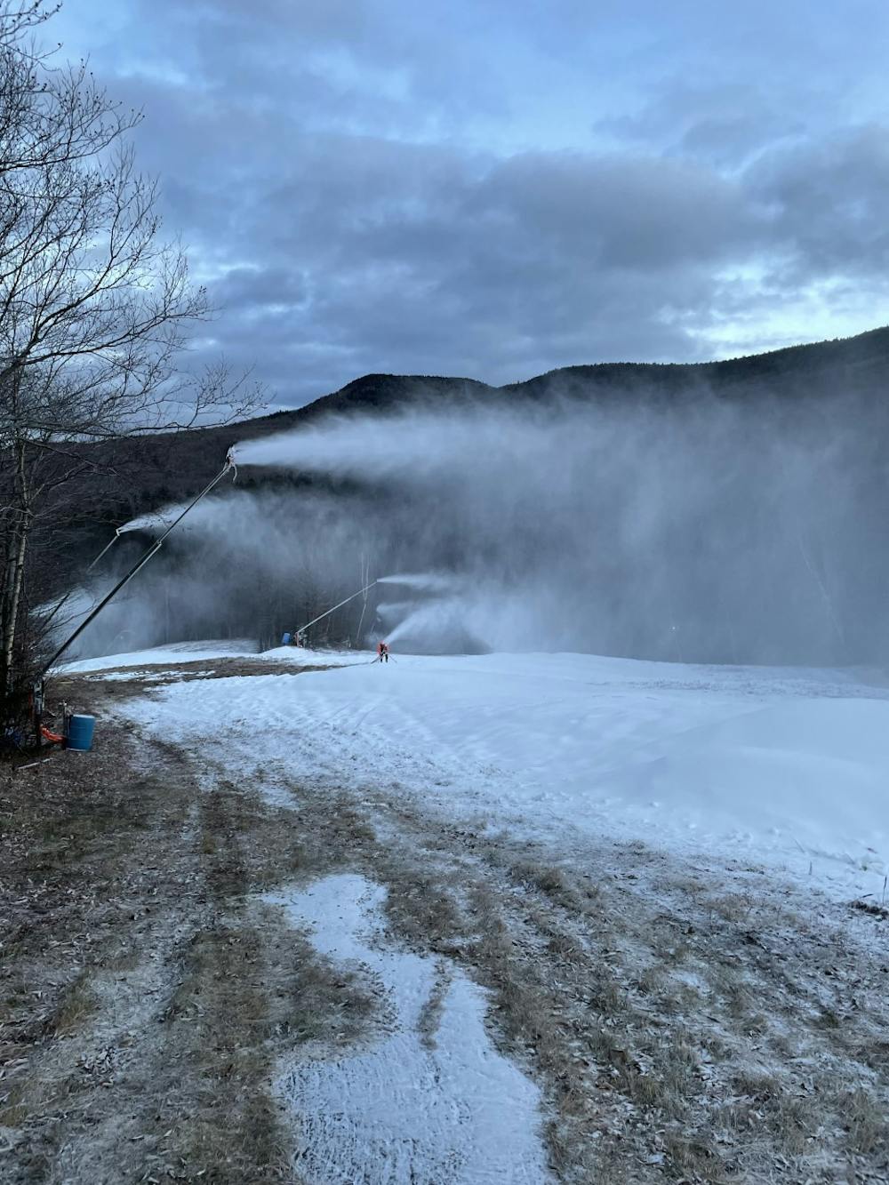 Snowmaking guns fire up at the Middlebury Snowbowl, which faced unseasonably warm weather and low snowfall early this winter