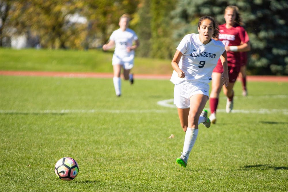 <span class="photocreditinline">MICHAEL BORENSTEIN/THE MIDDLEBURY CAMPUS</span><br />Sabrina Glaser ’20 tracks the ball down the field against Bates on Saturday. Glaser scored the first goal of the game.