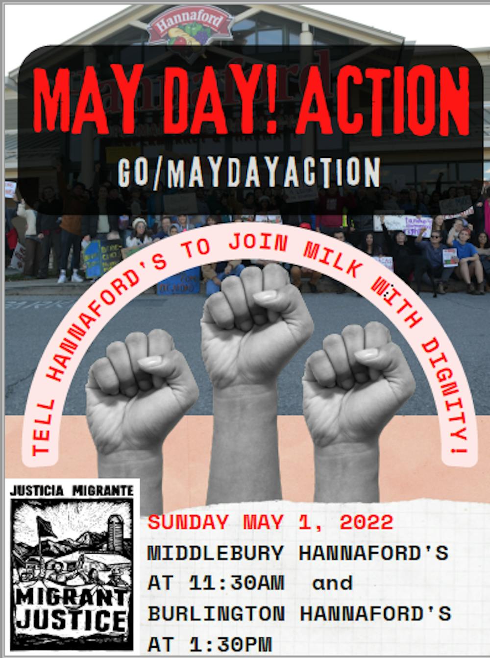 Join us outside the Middlebury Hannaford this Sunday May 1 at 11:30 a.m. alongside farmworkers demanding humane labor standards. (Courtesy Photo)