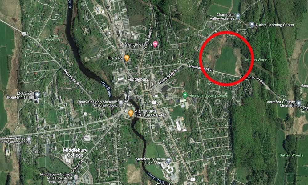 The location of the property purchased by the college, circled in red. Middlebury bought the 35-acre parcel of land for $1.5 million. (Courtesy Photo)