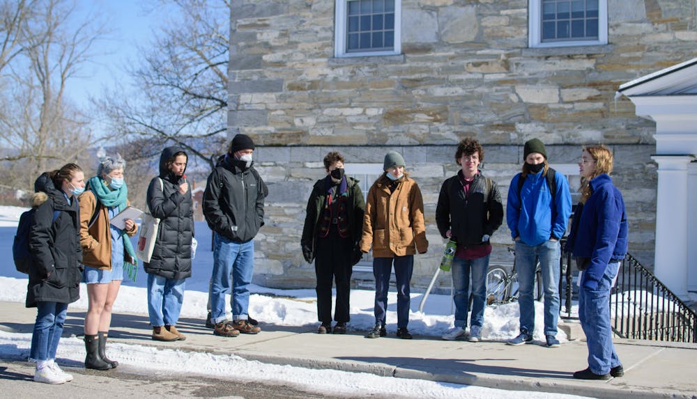<p>Student organizers gather outside of Old Chapel on Friday, March 5, preparing to deliver letters in support of Professor Lana Povitz to administrators.&nbsp;</p>