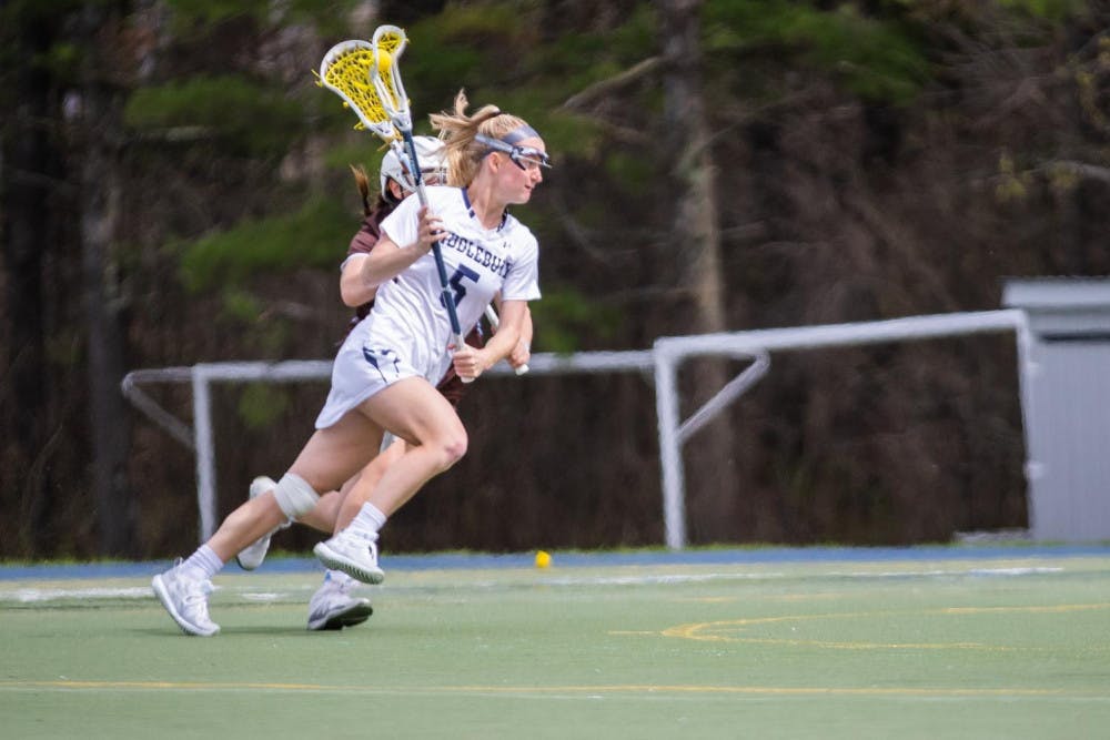<span class="photocreditinline"><a href="https://middleburycampus.com/39670/uncategorized/michael-borenstein/">MICHAEL BORENSTEIN</a></span><br />Jane Earley ’22 won NESCAC Player of the Week after scoring five goals in the NESCAC Championship.