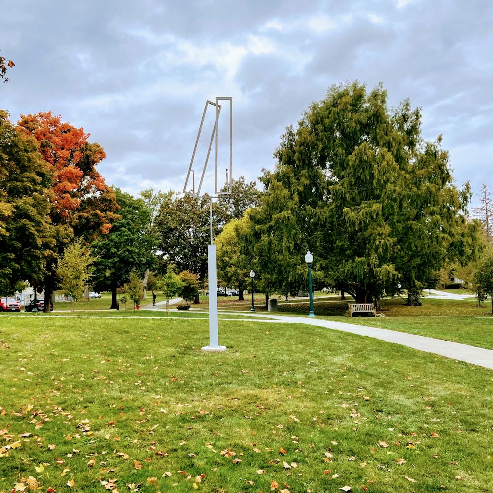 Some of the public art on campus, “Smog” and “Two Open Rectangles.”