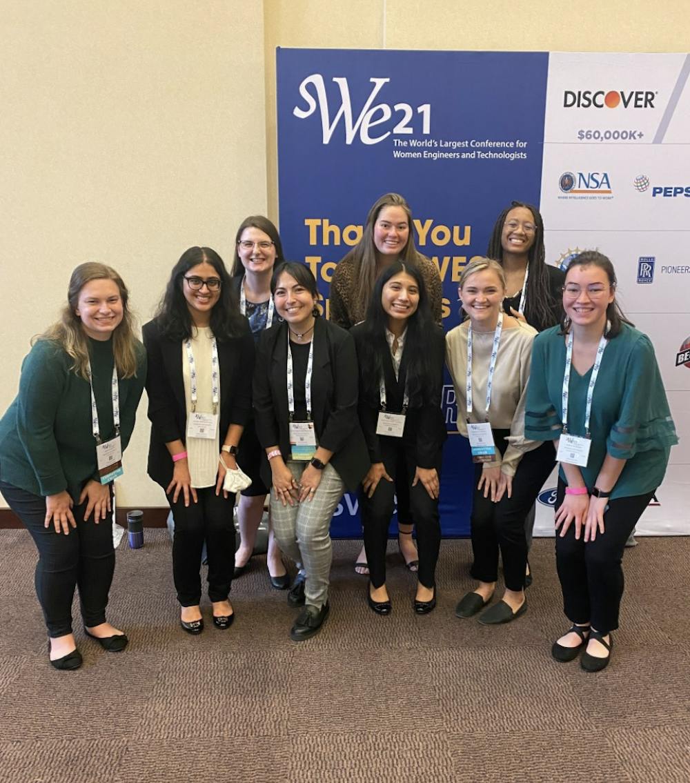 <p>Members of the Society of Women Engineers pose for a photo at the national conference in Indianapolis. Photo provided by Emily Wilbourn.</p>