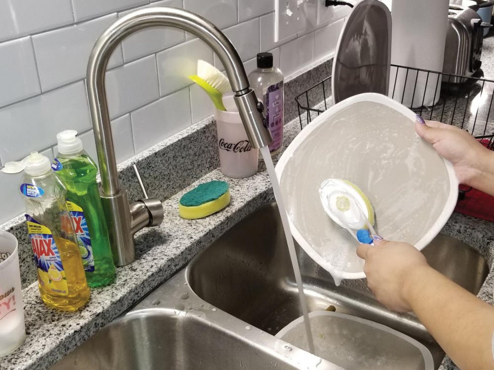 Mahima Sultan washes dishes.